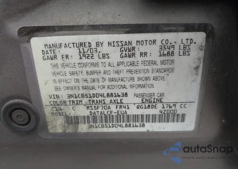 2004 Nissan Sentra 1.8 z USA, uszkodzony, nr VIN 3N1CB51D04L881638